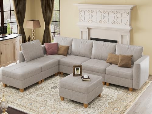 EASE MOOSE Leather Sectional L Shaped Sofa with Storage Ottomans, Whitesand | Faux Leather Modular Sectional sofa with Storage, Material Scratch Resistant ,Freely combinable,Convertible sofa bed