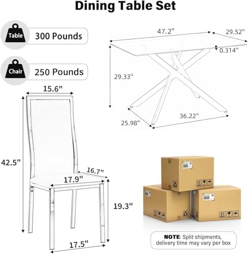 Modern Glass Dining Table Set for 4, 5-Piece Rectangular Kitchen Table Set with Silver Sturdy Metal Legs&4 Black Faux Leather Dining Chairs for Home Dining Room Kitchen