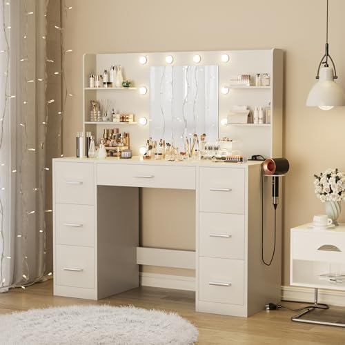 Furmax Vanity Desk with LED Mirror,Power Outlet,7 Drawers Makeup Table | LED Lighted Mirror & Built-in Outlet,7 Drawers and 6 Shelves,Organized Makeup Storage for Bedroom,White
