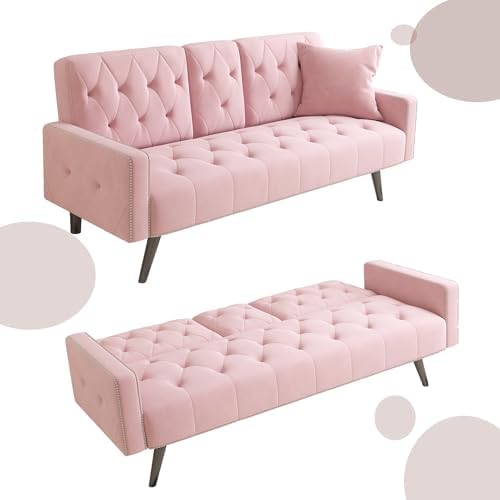 Anwick Modern Velvet 2 in 1 Futon Sofa Bed,Convertible Folding Sleeper Bed Couches with 2 Pillows,73" Tufted Recliner Love Seat with Golden Chrome Legs for Living Room Apartment Office (Pink)