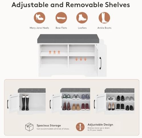 Farmhouse Shoe Storage Bench with 3-in-1 Entryway Storage & Padded Seat | 27.8" Wide Entryway Bench with Adjustable Shelves, Shoe Organizer & Side Storage Rack for Living Room, Bedroom, White