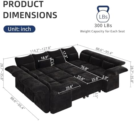 LLappuil Deep Modular Sectional Sofa Sleeper 12 Person Chenille Sectional Couches for Living Room with Storage Ottoman, Adjustable Arms Backs Black