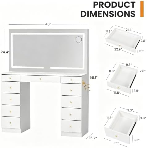11 Drawers Glass Top Vanity Desk, Crystal Handles Makeup Vanity with Mirror and Lights, Dressing Table with Power Outlet, Adjustable Lighting Modes, White