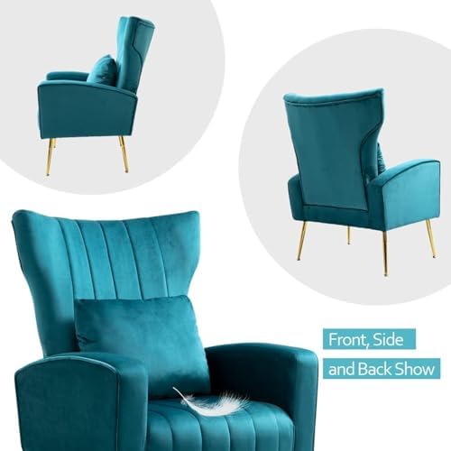 Velvet Accent Chairs Set of 2, Modern Arm Chair with Wingback & Gold Metal Legs for Living Room, Bedroom, Waiting Room, Lumbar Pillow Included, Dark Teal