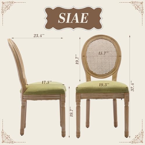 SoarFlash French Dining Chairs Set of 4, Vantage Dining Chair with Round Back, Wood Leg Farmhouse Country Rattan Dining Chair for Kitchen,Bedroom,Green