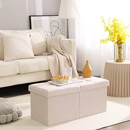 Storage Ottoman Bench Foldable Footrest Foot Stool, 30" Fabric Cream | Small Ottoman Foot Rest Seat Shoe Bench Flip-Top forliving Room End of Bed Bedroom Couch Dorm, 80L Folding Upholstered Chair