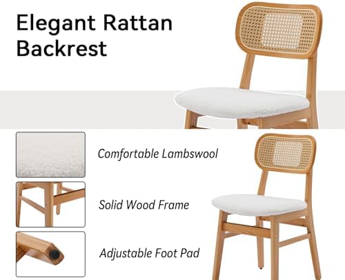 Shunzhi Rattan Dining Chairs Set of 4, Upholstered Farmhouse Dining Room Chairs with Back, Mid Century Modern Kitchen Chairs, Wooden Boho Side Chair for Restaurant, White Sherpa