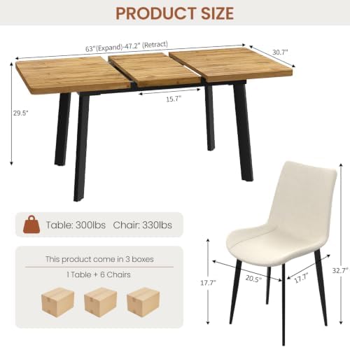 47.2"-63" Expandable Dining Room Table Set for 4-8 People, Walnut | Removable Extension Leaf, Durable MDF Rectangle Top, 6 Beige Sleek Faux Leather Chairs, Heavy Duty Modern Kitchen Table Set