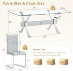 71" Glass Dining Table Set for 6｜Modern Dining Table Set for 6 with Faux Leather Chairs｜0.4" Thick Tempered Glass Tabletop｜Silver Chrome Metal Legs with Grey Crossbar｜Easy Assembly