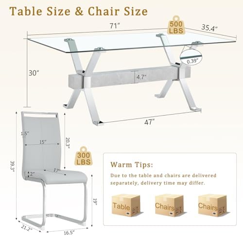 71" Glass Dining Table Set for 6｜Modern Dining Table Set for 6 with Faux Leather Chairs｜0.4" Thick Tempered Glass Tabletop｜Silver Chrome Metal Legs with Grey Crossbar｜Easy Assembly