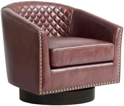 Swivel Barrel Accent Chairs Set of 2, Faux Leather Upholstered Armchair for Living Room, Comfy Bedroom Side Reading Seat, Red Brown