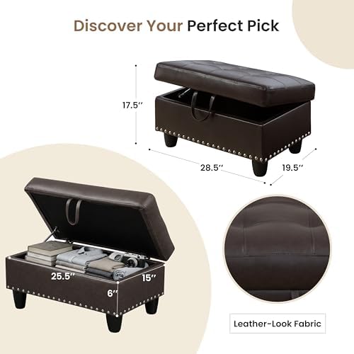 Simple Deluxe Ottoman with Storage Bench Chair, 28.5" L x 19.5" W x 17.5" H Foot Rest Stools with Synthetic Leather,Ottoman Storage Chest Box with Padded Seat for Bedroom, Living Room, Entryway,Brown