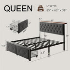 Einhomn Queen Bed Frame with 2 Storage Drawers, Metal Platform Bed with Charging Station, Upholstered Button Tufted Storage Headboard, No Box Spring Needed, Easy Assembly, Noise-Free, Grey