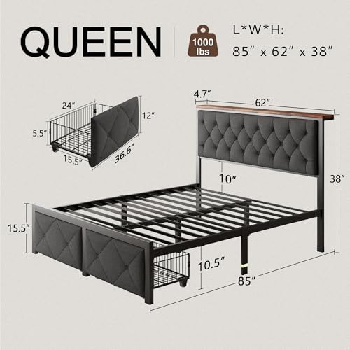Einhomn Queen Bed Frame with 2 Storage Drawers, Metal Platform Bed with Charging Station, Upholstered Button Tufted Storage Headboard, No Box Spring Needed, Easy Assembly, Noise-Free, Grey