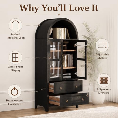 71" Tall Arched Kitchen Pantry Cabinet with Glass Doors, Modern Wood China Cabinet Storage Hutch with 2 Storage Compartment and Adjustable Shelves, Suitable for Dining Room, Coffee Bar