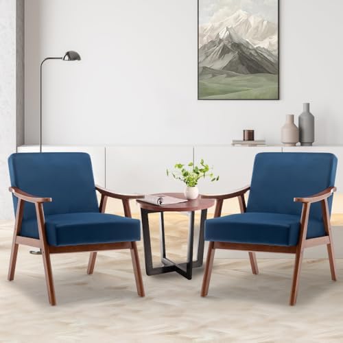 Lispin Mid-Century Modern Chair, Living Room Chair with Solid Wood Frame, Accent Chair Extra-Thick Backrest, Wingback Chair for Bedroom, Reading Room, Living Room (Blue + Velvet + Foam)