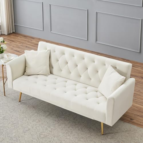 71" Modern Velvet Sofa Bed Futon, Convertible Sleeper Couch, Adj. Backrest | Tufted Recliner Loveseat Design with Golden Chrome Legs & 2 Pillows, Perfect for Small Spaces, Living Room, Apartment