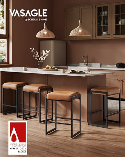 VASAGLE Bar Stools Set of 4, Counter Height, PU Leather, 26-Inch | Mid-Century Modern Bar Stool with Stitching, Kitchen, Home Bar, Dining Room, Caramel Brown, EKHO Collection ULBC286K01