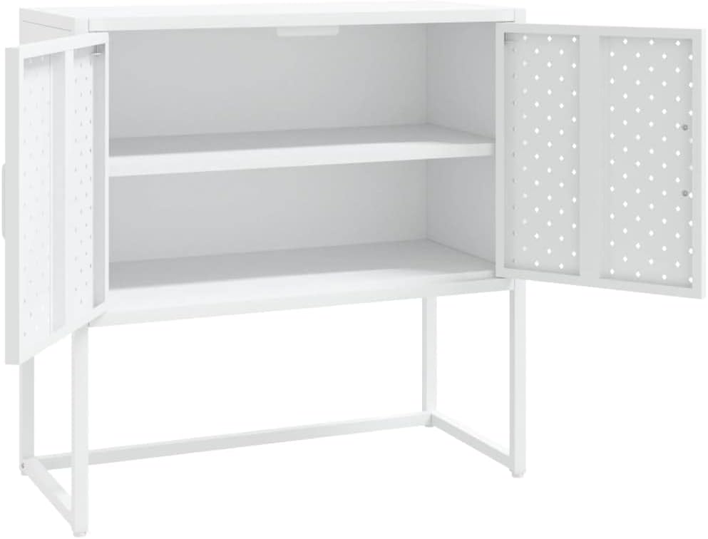 White Steel Sideboard with Adjustable Levelers, Modern Rectangular Storage Cabinet for Living Room and Dining Room, Sturdy Powder-Coated Steel Construction, Sleek Minimalist