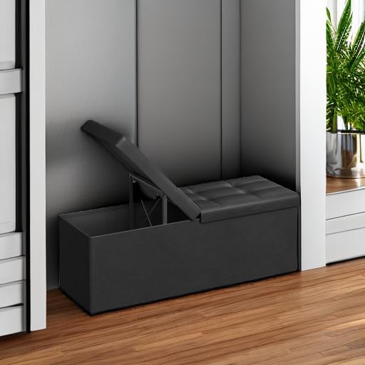 SONGMICS 43.3 Inches Folding Storage Ottoman Bench with Flipping Lid | Storage Chest Footrest Padded Seat, Iron Frame Support, Ink Black, MINOTA Collection ULSF75BK