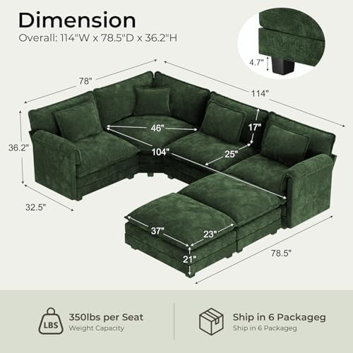 ELUCHANG 114" Oversized Modular Sectional Sofa, Comfy Chenille Cloud Couch, 6-Seater V Shaped Modern Deep Seat Sofa w/Removable Covers for Living Room, Bedroom, DIY Combination - Green