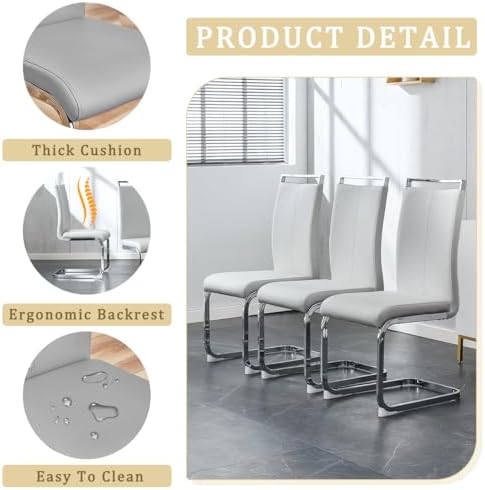 71" Glass Dining Table Set for 6｜Modern Dining Table Set for 6 with Faux Leather Chairs｜0.4" Thick Tempered Glass Tabletop｜Silver Chrome Metal Legs with Grey Crossbar｜Easy Assembly