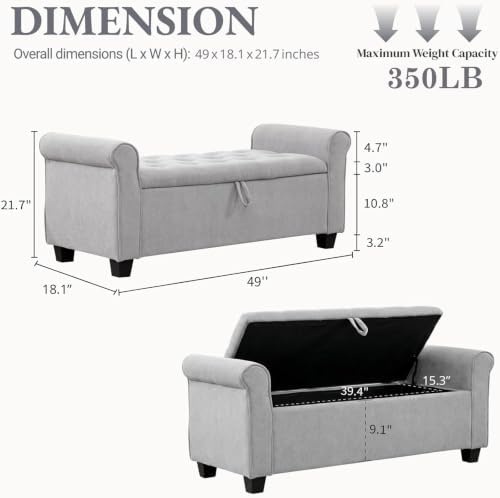 49" End of Bed Storage Bench for Bedroom, Upholstered Storage Ottoman | Easy Assembly with Instructions, Pet Friendly, Polyester Fabric Ottoman Bench for Bedroom, Living Room, Window, Entryway