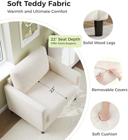 Welzona Sofa Accent Chair, 33" Reading Chair, Comfy Teddy Arm Chairs | Comfy Teddy Fabric, Tool-free Setup, Washable Covers, All-wood Couch Chairs for Living Room, Bedroom, Reading Nook, Beige