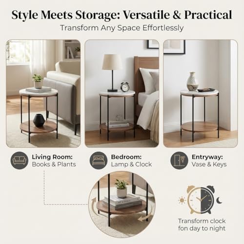 Lyra Round Marble End Table – Solid Acacia Wood Shelf, Open Storage Side Table for Living Room, Bedroom, Entryway, Small Spaces – Nightstand, Plant Stand, Modern Accent Table with Metal Frame