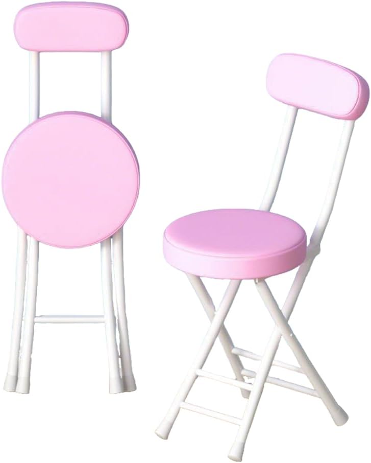 Folding Stool with Back, Padded Leather Round Foldable Stool, Foldable Bar Chairs, Round Portable Collapsible Stool for Gardening Kitchen Camping Cafe Indoor Outdoor,Pink