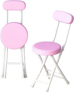 Folding Stool with Back, Padded Leather Round Foldable Stool, Foldable Bar Chairs, Round Portable Collapsible Stool for Gardening Kitchen Camping Cafe Indoor Outdoor,Pink