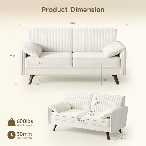 ONBRILL 64.5" Loveseat Sofa, Chenille Loveseat Couch for Living Room, Beige