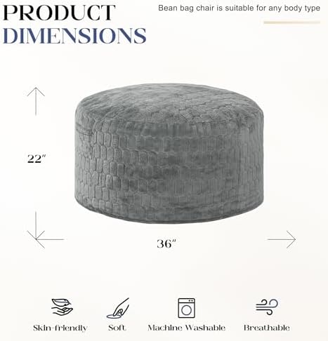 Hobestluk Large Bean Bag Chairs 3FT Big Adults BeanBag Chairs Plush Cover | Memory Foam,Washable Cover,Unique Fluffy Plush,Comfy Filled Adults Bean Bag Gaming Reading Bedroom Dorm Room | Light Grey 3FT
