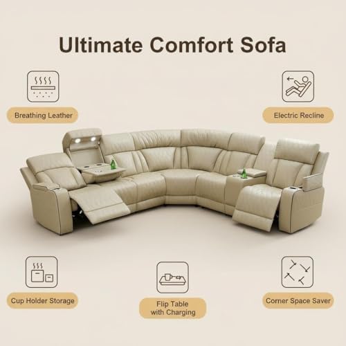 Breathing Leather Reclining Sofa Set,Power Recliner Sectional Couch with LED Light,Modern Living Room Furniture Set,Reclining Sectional Couch Set with USB Port/Storage for Home/Home Theater
