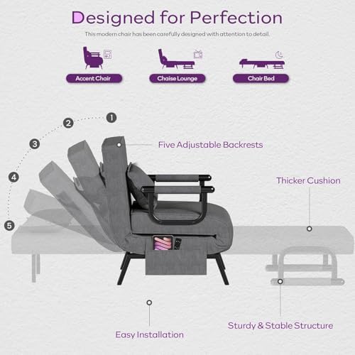 TYBOATLE Sleep Chair Bed Set of 2, Comfy Convertible Sleeper Chairs for Adults, Folding Sofa Bed with Adjustable Backrest & Side Pockets & Pillow, Cozy Small Couch for Small Spaces, Office (Dark Grey)