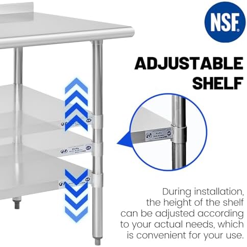 Hally Stainless Steel Table 30 x 48 in, Kitchen Prep Work Table, Backsplash | Gives outdoor cooks or repair teams ample room for gear; lower shelf organizes supplies and raised edge helps contain messes.
