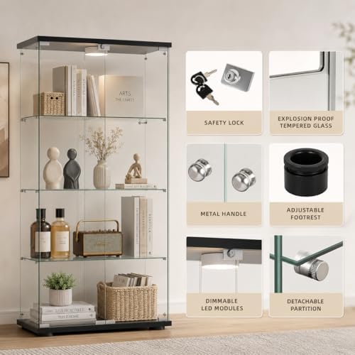Glass Display Cabinet 4-Shelf 2 Doors with LED Push Light Lockable Glass Display Case with 4mm Tempered Glass Floor-Standing Bookshelf for Bedroom, Living Room, Black
