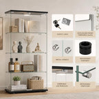Glass Display Cabinet 4-Shelf 2 Doors with LED Push Light Lockable Glass Display Case with 4mm Tempered Glass Floor-Standing Bookshelf for Bedroom, Living Room, Black