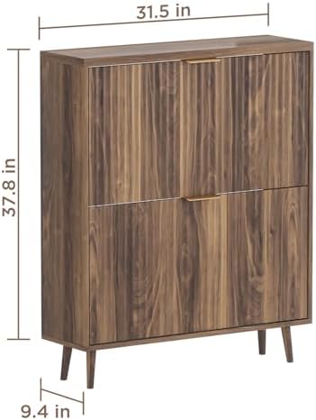 Shoe Cabinet Storage, Modern Freestanding Organizer with 2 Flip Drawers, Narrow Shoe Rack for Entryway, Walnut