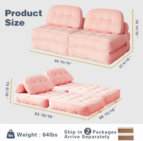 Folding Sofa Bed, Flannel Futon Couch Bed with Pillow and Blanket, Convertible Sleeper Chair for Living Room Bedroom (Two Pink)