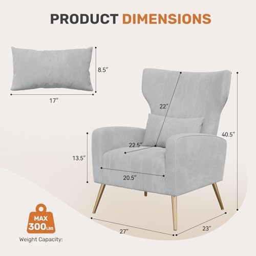 Nalupatio Velvet Accent Chairs Set of 2 Modern High Back Armchair Arm Chair with Lumbar Pillow, High Back Upholstered Single Sofa Chair with Gold Metal Legs for Bedroom,Light Gray