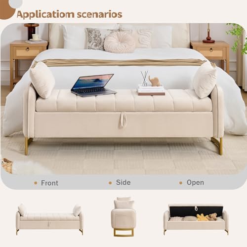 66" End of Bed Storage Bench King Size, Storage Benches for Bedroom, Beige | Velvet Foot of Bed Bech, Upholstered Storage Ottoman Benches with Golden Legs, Pillows and Side Pockets for Window, Entryway