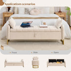 66" End of Bed Storage Bench King Size, Storage Benches for Bedroom, Beige | Velvet Foot of Bed Bech, Upholstered Storage Ottoman Benches with Golden Legs, Pillows and Side Pockets for Window, Entryway
