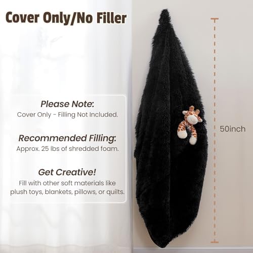 Bean Bag Cover (No Filler), Soft Faux Fur Stuffed Animal Bean Bag Storage, Fluffy Plush Bean Bag Chair Cover Washable, Comfy Bean Bag Covers for Adults Kids Teens, 38"x40" Black