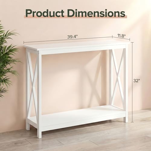 SUPER DEAL Console Table 39.5”, 2-Tier Narrow Sofa Side Table with Storage Shelf, Entrance Table for Hallway/Foyer/Living Room/Corridor/Office, White