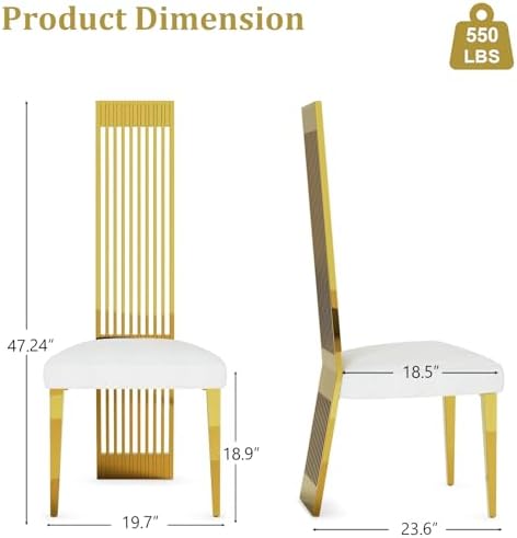 Dining Chairs Set of 6, Luxury Upholstered Boucle Chairs with Slatted Mirrored Polished Metal High Back and Legs, Modern White and Gold Dining Chairs with Breathable Backrest