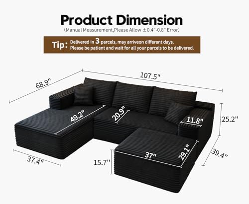 107.5" Cloud Modular Sectional Sofa with 1 Ottoman,Modern Minimalist Upholstered Couches, Comfort U Shaped Sofa for Living Room,Deep Seat Corner Couch，No Assembly Required (Black,Left Facing Chaise)