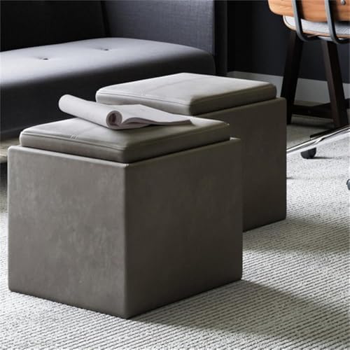 SIMPLIHOME Rockwood 17" Wide Vegan Leather Storage Ottoman in Grey | Distressed slate grey, contemporary ottoman with flip-over tray top and hidden storage; cube storage bench for living room.
