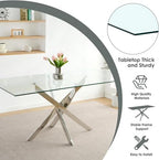 Modern 63 Inch Glass Dining Table Set for 4, 5 PCS Kitchen Table Set, Clear Tempered Glass Dinner Table with Silver Chrome Legs & Black Upholstered PU Faux Leather Dining Chairs for Home, Dining Room
