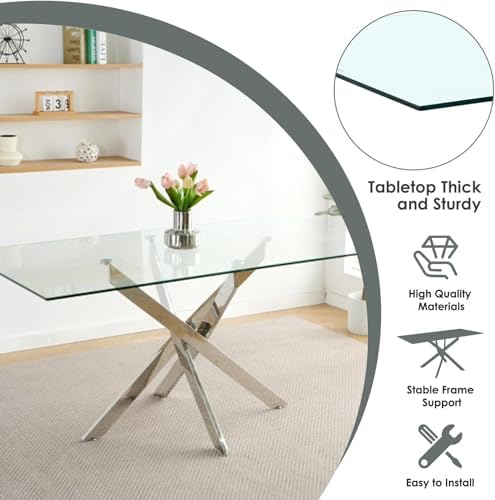 Modern 63 Inch Glass Dining Table Set for 4, 5 PCS Kitchen Table Set, Clear Tempered Glass Dinner Table with Silver Chrome Legs & Black Upholstered PU Faux Leather Dining Chairs for Home, Dining Room